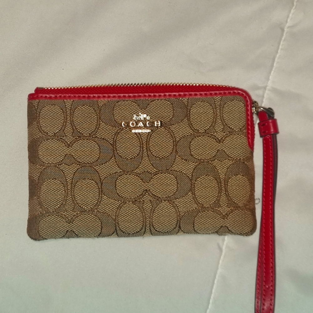 Coach Brown and Red Clutch with Signature Monogram